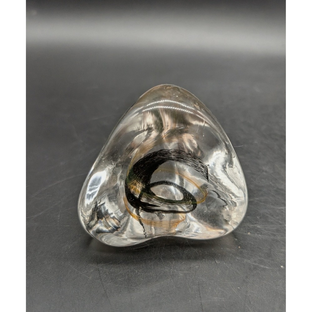 Caithness Scotland Art Glass Paperweight Triangular Black Amber Swirl Modernist